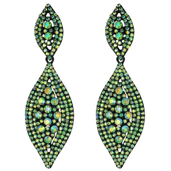 Carbon Black with Green AB Crystal Double Leaf Chandelier Post Back Earrings - Picture 1 of 6